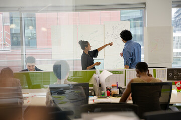Business people discussing diagram sketches hanging on office window