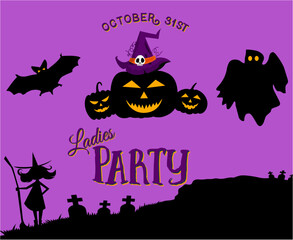 Design Halloween Day 31 October Event Dark illustration Pumpkin Ghost Tomb And Bat Vector
