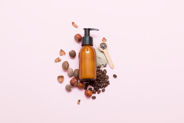 Natural cosmetic products on a pink background. Cosmetic bottle mockup.