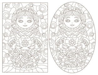 A set of contour illustrations in the style of stained glass with Russian dolls, dark contours on a white background