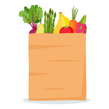 Paper bag with fruits and vegetables, vector illustration