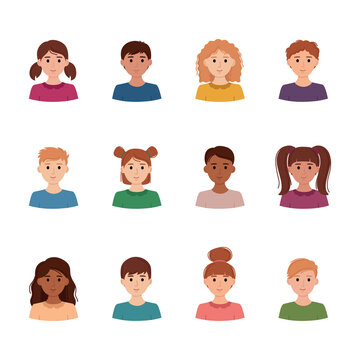 Set of children avatars. Collection of portreits of boys and girls with different skin colors, vector illustration