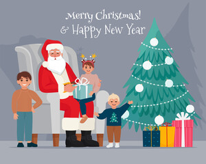 Santa Claus with a kids, sitting in a chair at home. Vector illustration in flat style