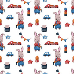 Obraz na płótnie Canvas Seamless pattern of cute rabbit with carrot, car, toy, star, train and etc. Cartoon illustration perfect for your own design. Can use in textile, wrapping paper, fabric, party, print and etc.
