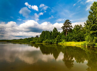 Obraz premium River banks against blue sky with white clouds in summer