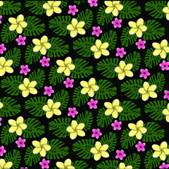 tropical flowers and leaves pattern on a black background