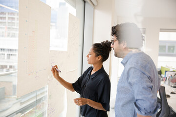 Business people discussing diagram sketches hanging on office window