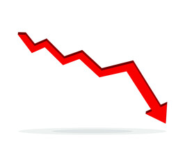 Red 3d arrow going down stock icon on white background. flat style. Bankruptcy, financial market crash icon for your web site design, logo, app, UI. graph chart downtrend symbol.chart going down sign.