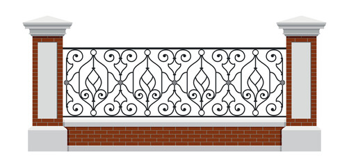 Classic Iron Fence With Red Brick Pillars. Vintage. Vector. Wrought Iron Railing. Decor. Handrails. Art Nouveau Luxury Modern Architecture. Ornamental Fence. Palace. City. Street. Park. Blacksmithing.
