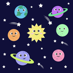 Fototapeta na wymiar Cute galaxy, space, solar system elements for kids, vector illustration