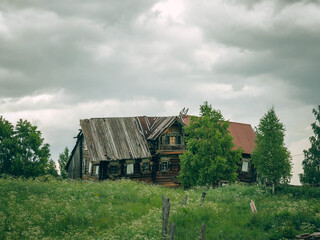 Obraz premium a large wooden house, in a terrible state, an environment of green trees and bushes, lush green grass, wooden pillars in the grass, dark clouds