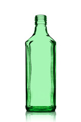 Glass bottle. Empty clear green glass bottle isolated on white background.