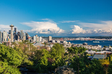 Downtown Seattle and Elliott Bay on a summer day.