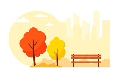 Autumn landscape of the park with trees and a bench on the background of the city. Vector illustration in a flat style