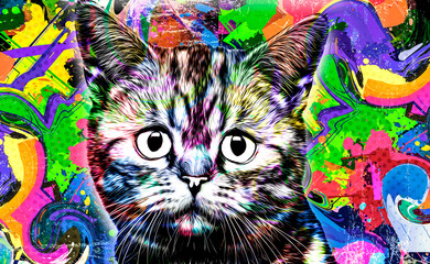 colorful artistic cat muzzle with bright paint splatters on dark background.