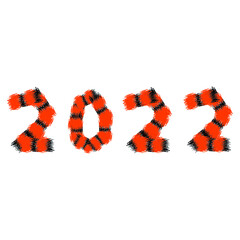 Happy chinese new year 2022. Striped black and orange funny fluffy numbers 2022. Year of the tiger.