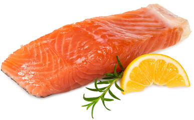 Red fish. Raw salmon fillet with rosemary and lemon isolate on white background. Clipping path and full depth of field