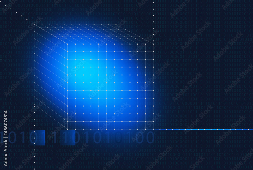 Poster 3d dot cube and binary codes on blue background - digital technology and coding concept