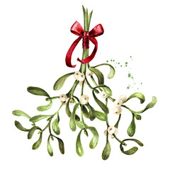 Mistletoe or Viscum branches with leaves and berries bunch. Watercolor hand drawn illustration, isolated on white background - obrazy, fototapety, plakaty
