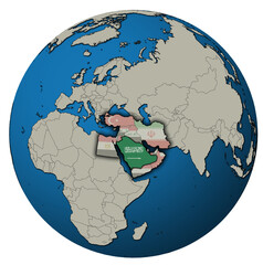 map of Saudi Arabia territory located in middle east region with country flags over globe map