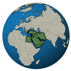 territory of middle east region over globe map