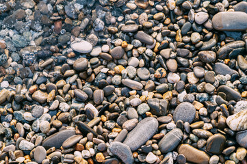 Small stones are washed by a wave.