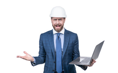 angry businessman man in suit and helmet hold computer isolated on white, anger