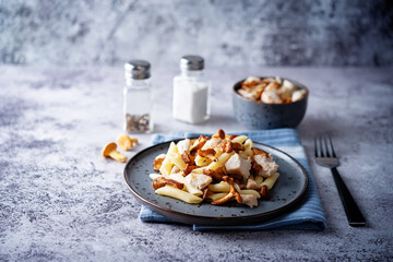Chanterelle onion fried creamy pasta in a plate