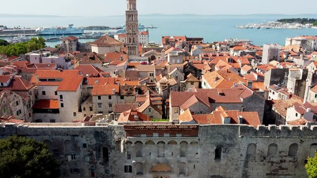 Drone view of the Catholic Cathedral in Split, Croatia. Drone shot of Split Cathedral. Cathedral of Saint Dujm in Croatia. Drone shot Croatian city of Split. Ruins of Diocletian's palace in the city.