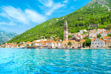 Beautiful summer landscape with the historic town of Perast, Montenegro - obrazy, fototapety, plakaty
