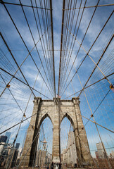 Low Angle View Of Suspension Brooklyn Bridge in Manhattan, New York