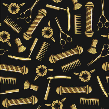 Seamless vector pattern in a hipster style. Tools for male haircuts. Print for men's barber shop. A set of accessories for men's hairdresser on black background.