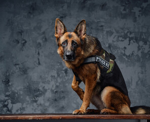 Police german shepherd dressed in police uniform