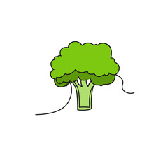 One continuous line drawing vegetables broccoli, isolated on white background. Healthy eating concept. Vector illustration.