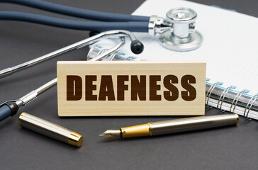 On the table is a notebook, a stethoscope and a sign with the inscription - DEAFNESS