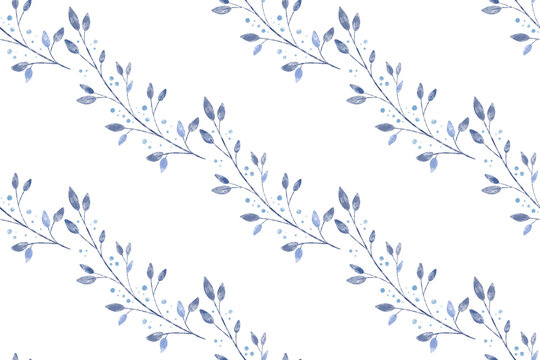 Winter vector watercolor textured blue floral seamless pattern background with branches, leaves, snowflakes on white backdrop. Festive seasonal Christmas texture.