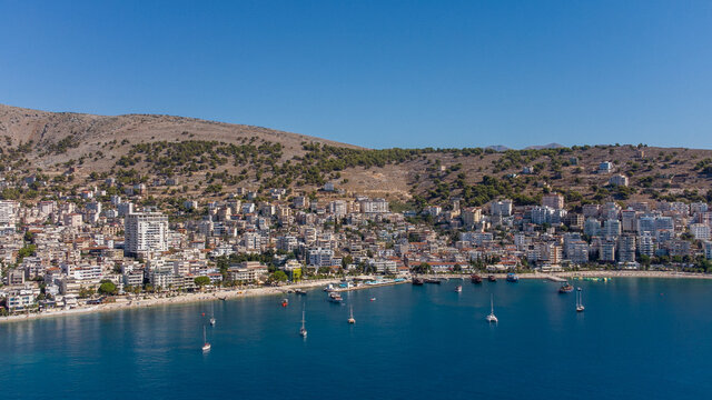 Aero Photography. View from a flying drone. Panoramic view of Ksamil, Albanian Riviera. Ksamil islands are located near the Saranda. Top View. Beautiful destinations