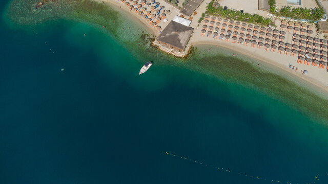 Aero Photography. View from a flying drone. Panoramic view of Ksamil, Albanian Riviera. Ksamil islands are located near the Saranda. Top View. Beautiful destinations