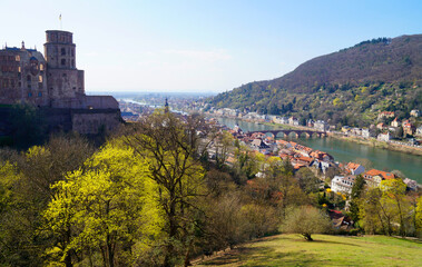 a beautiful view from the Heidelberg castle of the river Neckar and the The Karl Theodor Bridge or...