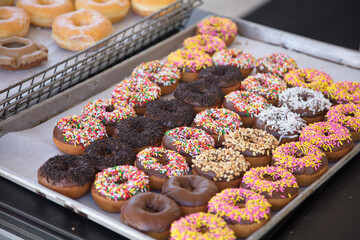 Doughnut Shop tray of fresh doughnuts waiting to be eaten. Metal trays of rows of doughnuts with glaze and sprinkles