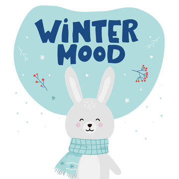 Cute rabbit with scarf winter background. Winter Bunny Vector Illustration, rabbit. winter mood. greeting card. vector. lettering