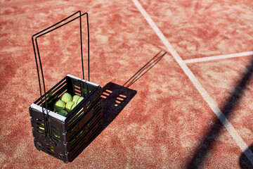 collected tennis the balls in the basket after training. Tennis lesson. Top view on basket on hardcourt, no people. Sport, tennis concept