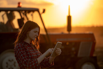 Young woman using tablet to monitor field work in front of tractor at sunset.