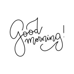 Good morning - vector line calligraphy test. Linear hand drawn illustration of wish good morning. Typography design isolated on white background. Handwritten modern line lettering with swooshes.
