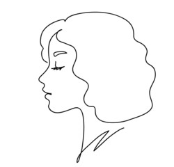 Woman profile with blonde curve hair. Portrait female beauty concept. Continuous line drawing vector illustration