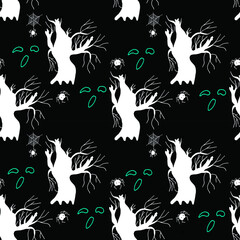 Hand drawn seamless Halloween pattern.The contours of the symbols of the holiday on a black background. Vector illustration.
