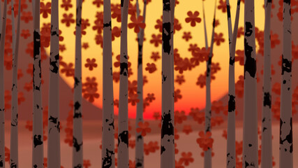 Eucalyptus tree bark wall with red falling flowers on a beach in sunset time (3D Rendering)
