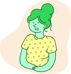 Girl holding stomach trampas pain illustration vector green cartoon character