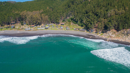 Caleta Pellines, Constitucion, Maule, Chile, horizontal drone aerial photo, sea and forest