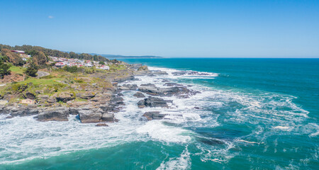 Fototapeta na wymiar caleta pellines constitucion maule chile, aerial view from drone horizontal photo of sea and beach